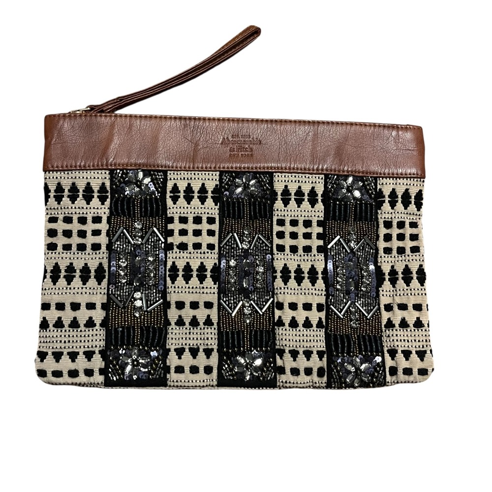 Abercrombie & Fitch Embellished Beaded Boho Wristlet Clutch Bag Black Cream